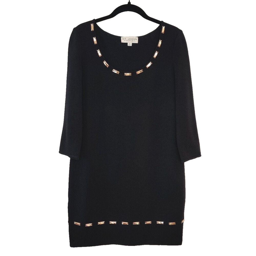 St John Evening Womens Embellished Sweater Dress SIZE 4 Black Jewels Classy LBD